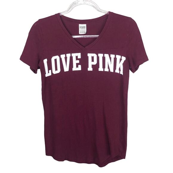 Y2k Varsity PINK Victoria’s Secret Maroon V-Neck Logo Tee XS - Picture 1 of 5